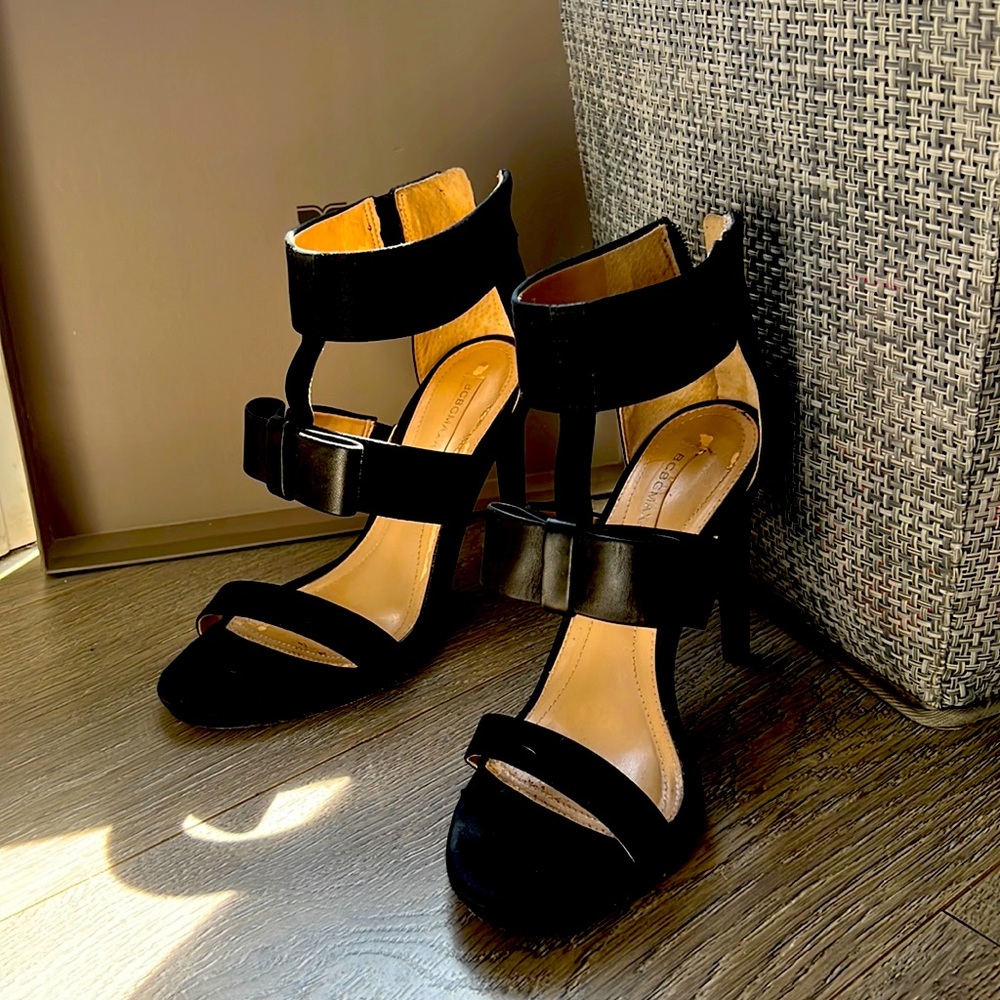 Open toe BCBG black satin fabric heels
